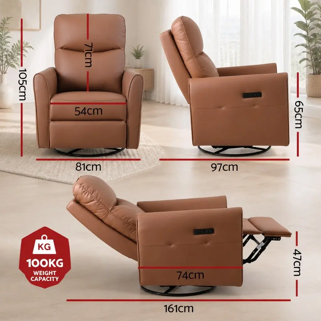 Electric Recliner Chair Brown PU Leather 240 Degree Swivel Adjustable Headrest Footrest with USB Charging and LED Lights