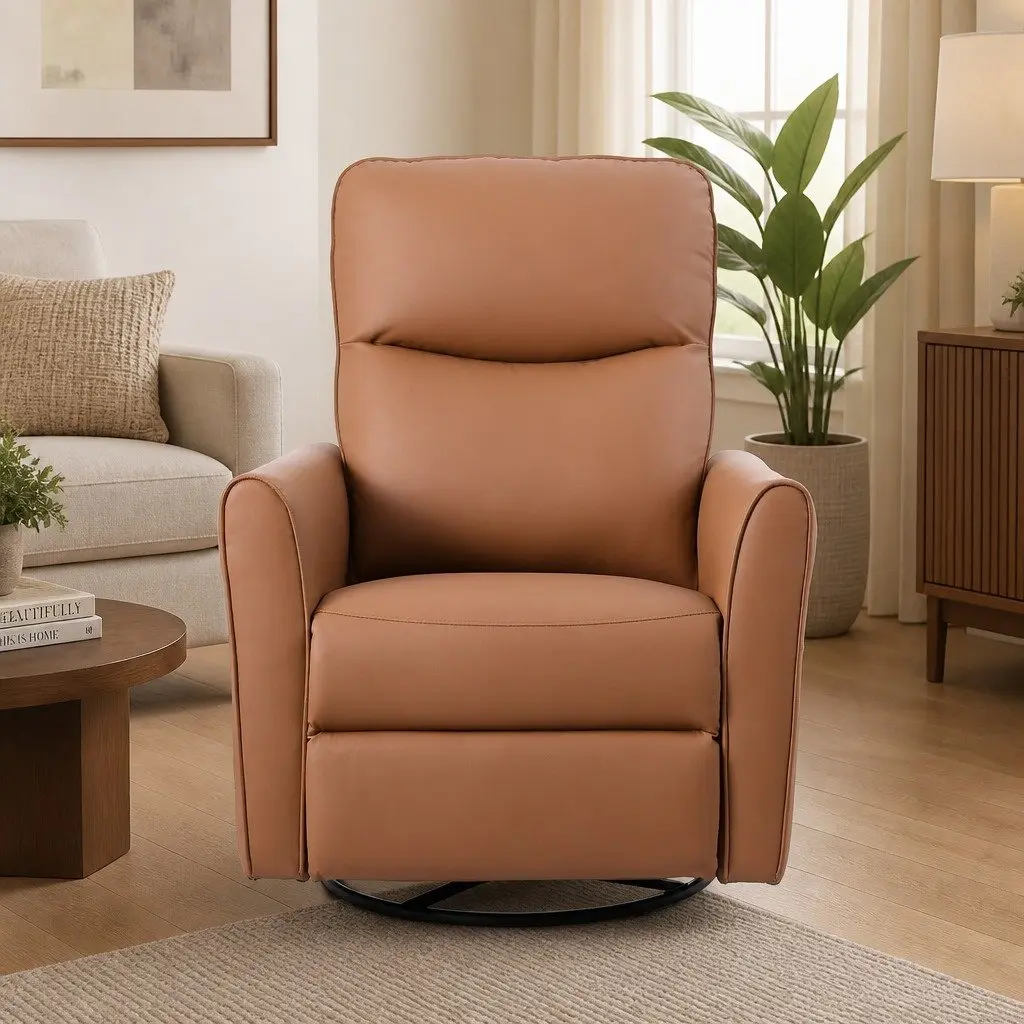 Electric Recliner Chair Brown PU Leather 240 Degree Swivel Adjustable Headrest Footrest with USB Charging and LED Lights