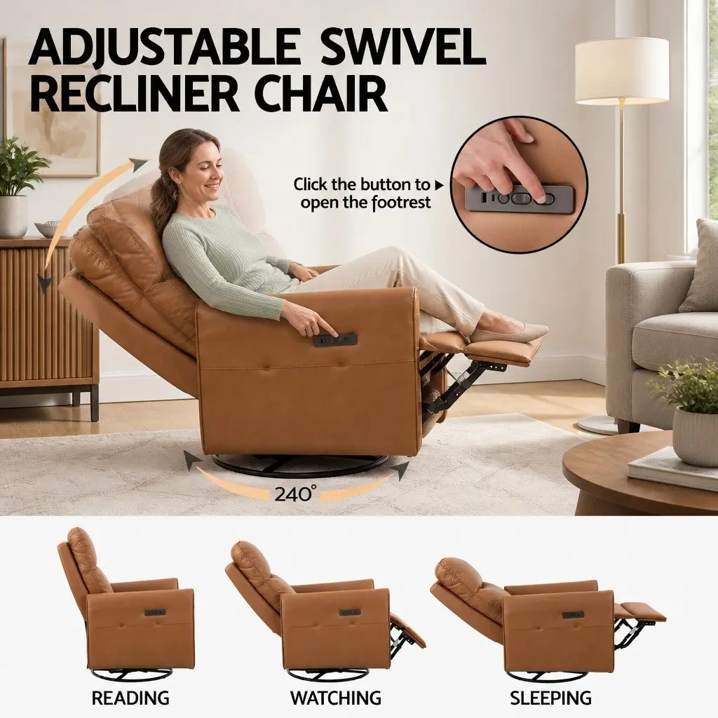 Electric Recliner Chair Brown PU Leather 240 Degree Swivel Adjustable Headrest Footrest with USB Charging and LED Lights