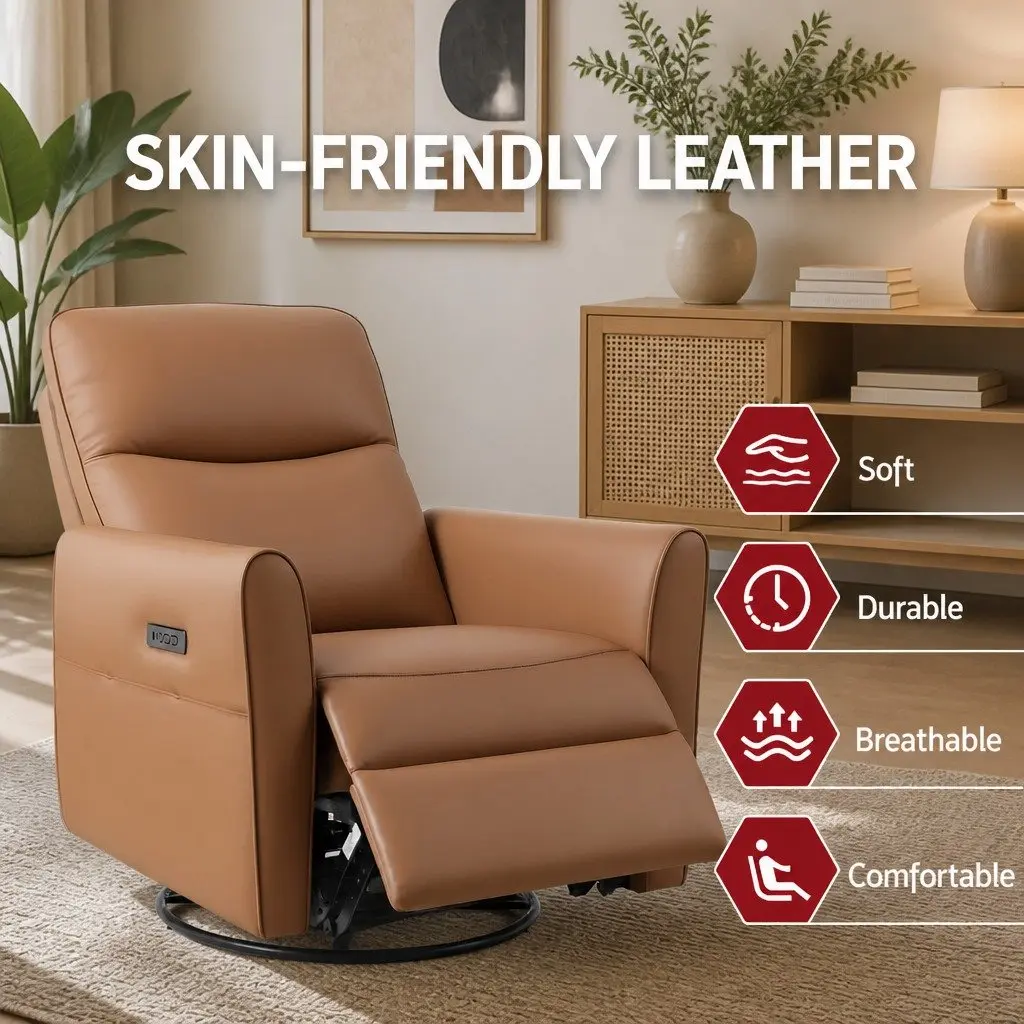 Electric Recliner Chair Brown PU Leather 240 Degree Swivel Adjustable Headrest Footrest with USB Charging and LED Lights