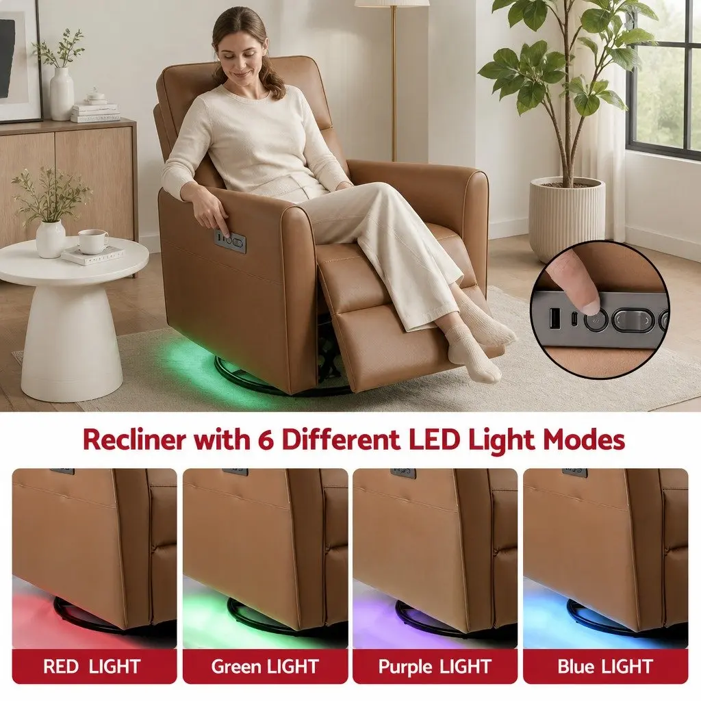 Electric Recliner Chair Brown PU Leather 240 Degree Swivel Adjustable Headrest Footrest with USB Charging and LED Lights