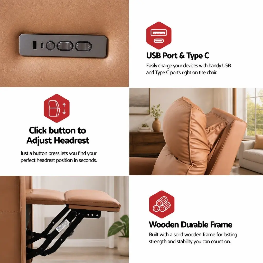 Electric Recliner Chair Brown PU Leather 240 Degree Swivel Adjustable Headrest Footrest with USB Charging and LED Lights