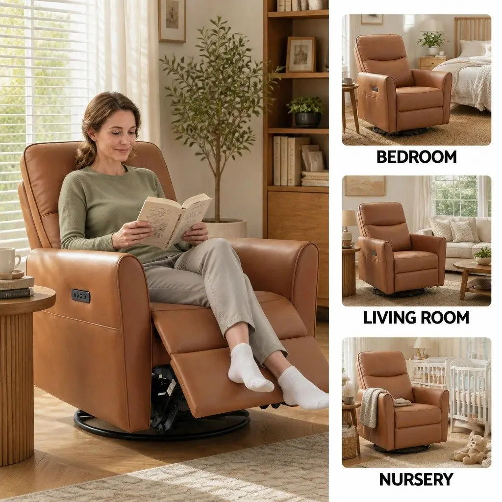 Electric Recliner Chair Brown PU Leather 240 Degree Swivel Adjustable Headrest Footrest with USB Charging and LED Lights