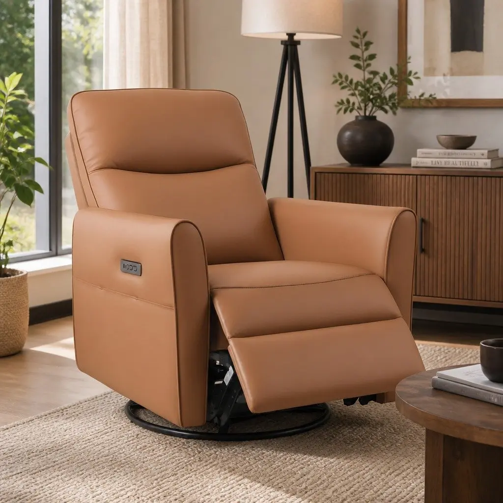 Electric Recliner Chair Brown PU Leather 240 Degree Swivel Adjustable Headrest Footrest with USB Charging and LED Lights