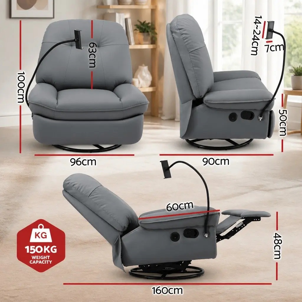 Manual Recliner Chair Grey PU Leather Integrated USB Ports 360 Degree Swivel for Living Room Nursery Relaxation