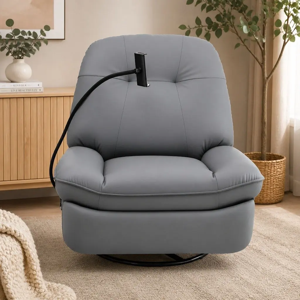 Manual Recliner Chair Grey PU Leather Integrated USB Ports 360 Degree Swivel for Living Room Nursery Relaxation