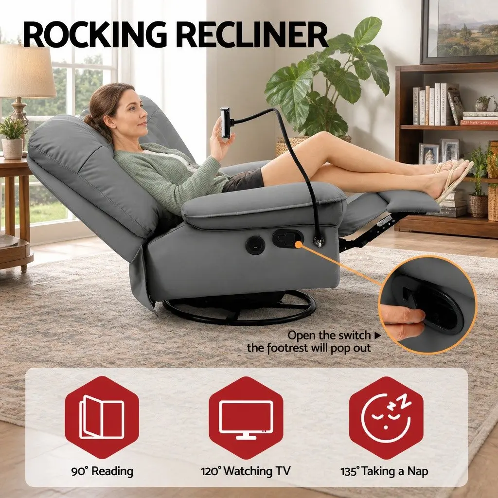 Manual Recliner Chair Grey PU Leather Integrated USB Ports 360 Degree Swivel for Living Room Nursery Relaxation