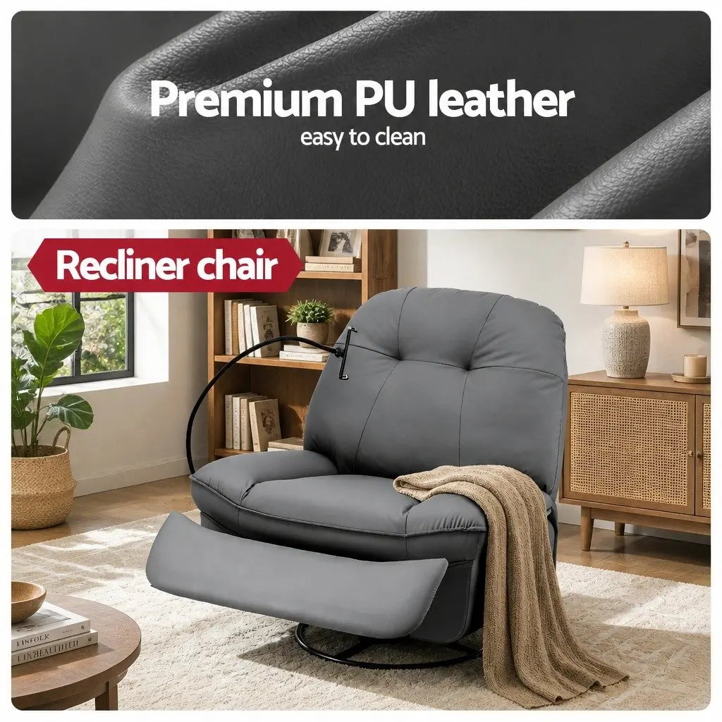 Manual Recliner Chair Grey PU Leather Integrated USB Ports 360 Degree Swivel for Living Room Nursery Relaxation