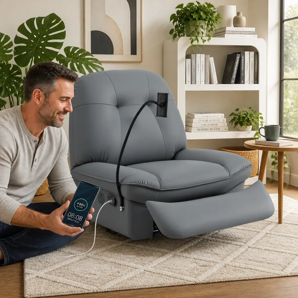 Manual Recliner Chair Grey PU Leather Integrated USB Ports 360 Degree Swivel for Living Room Nursery Relaxation