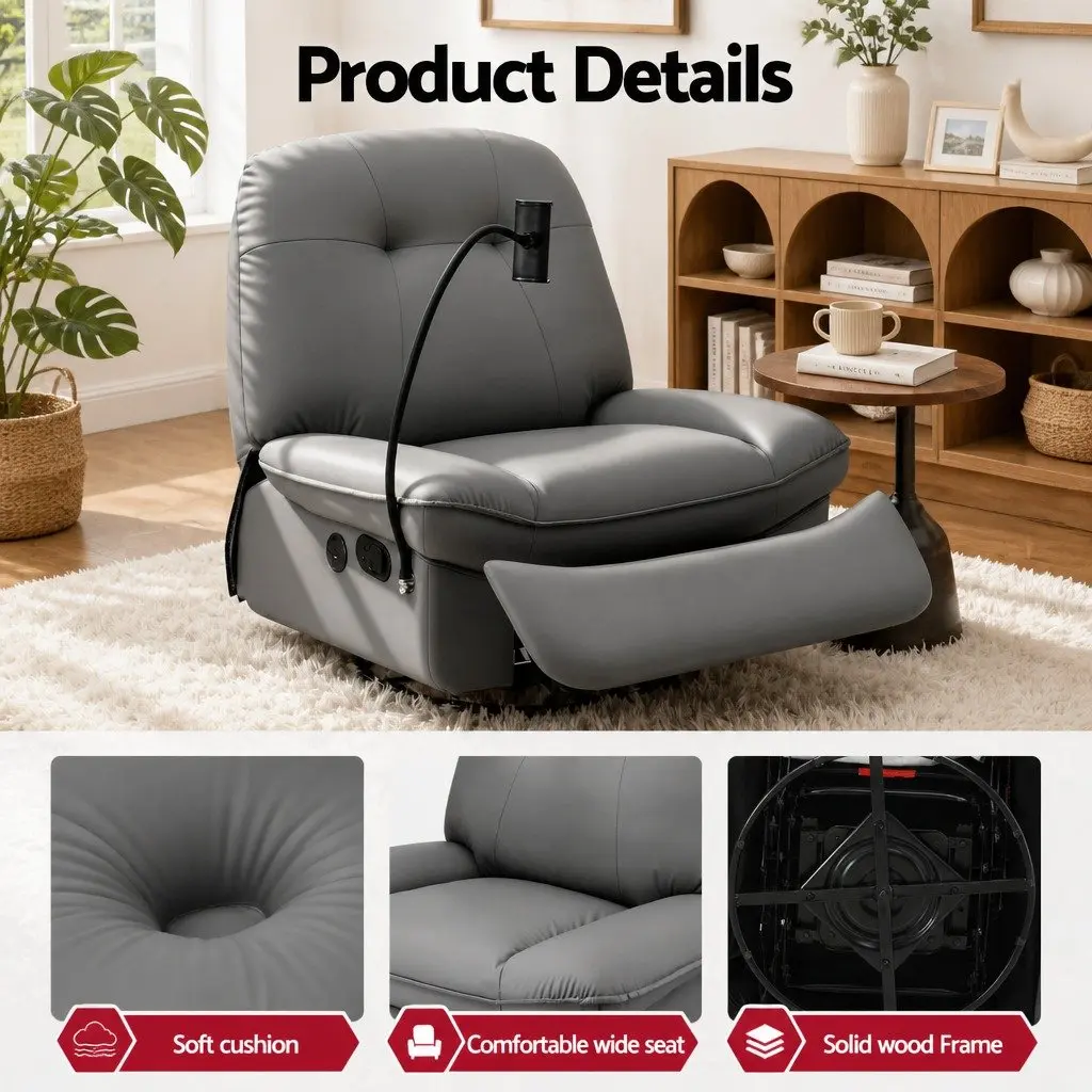 Manual Recliner Chair Grey PU Leather Integrated USB Ports 360 Degree Swivel for Living Room Nursery Relaxation