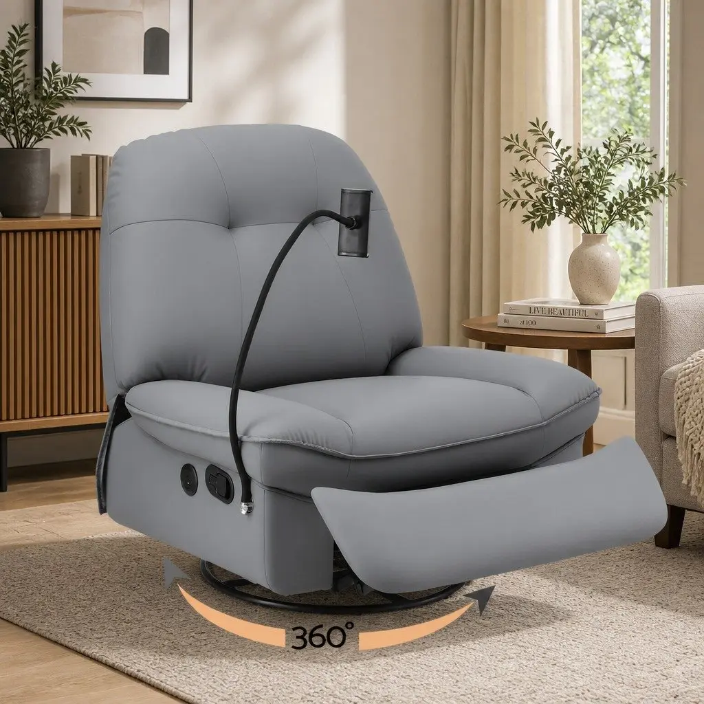 Manual Recliner Chair Grey PU Leather Integrated USB Ports 360 Degree Swivel for Living Room Nursery Relaxation