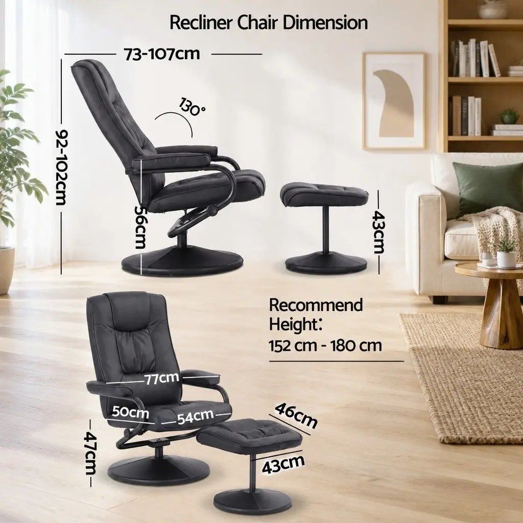 Recliner Chair Black PU Leather 360-Degree Swivel Adjustable Recline with Ottoman