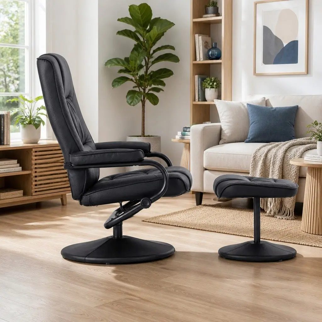 Recliner Chair Black PU Leather 360-Degree Swivel Adjustable Recline with Ottoman