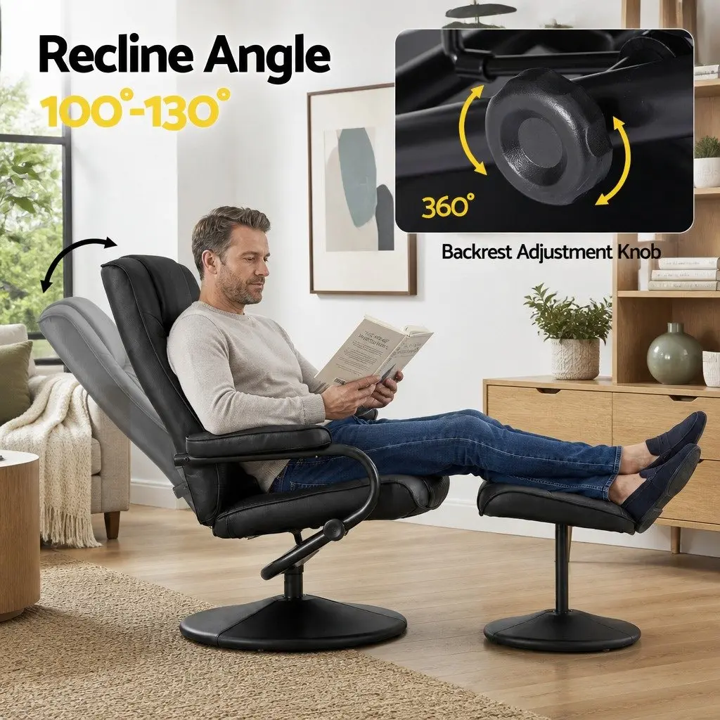 Recliner Chair Black PU Leather 360-Degree Swivel Adjustable Recline with Ottoman