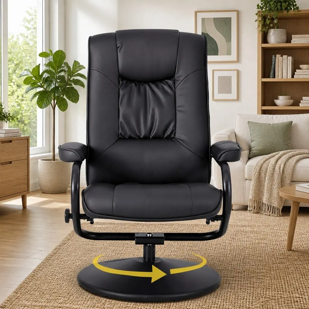 Recliner Chair Black PU Leather 360-Degree Swivel Adjustable Recline with Ottoman