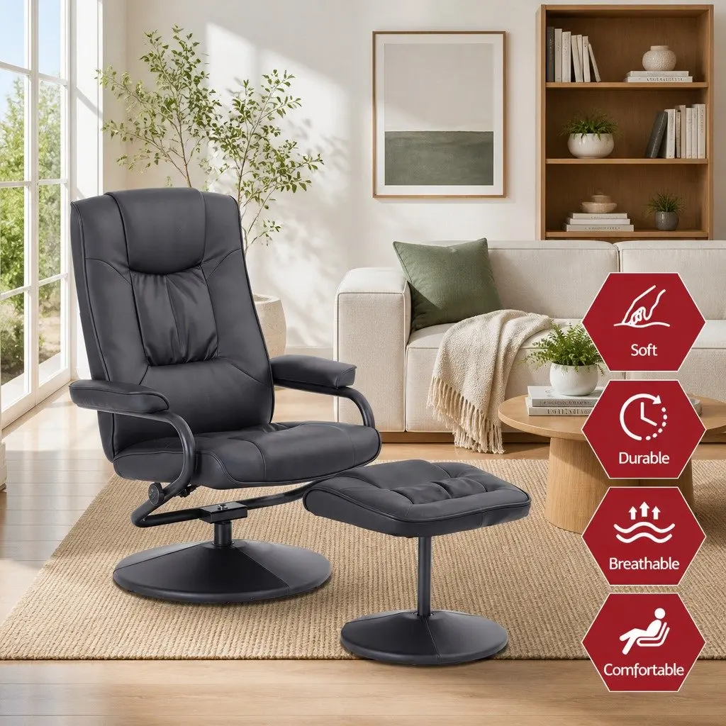 Recliner Chair Black PU Leather 360-Degree Swivel Adjustable Recline with Ottoman