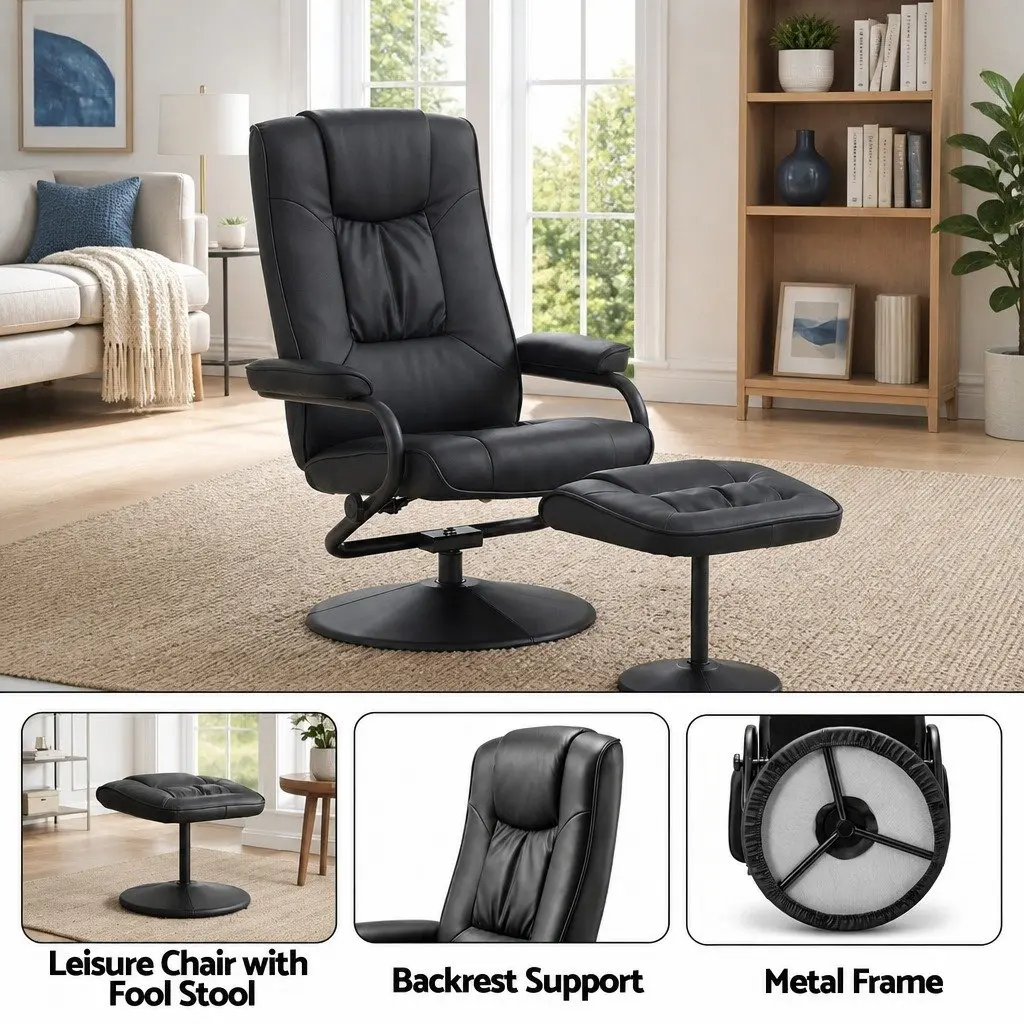 Recliner Chair Black PU Leather 360-Degree Swivel Adjustable Recline with Ottoman