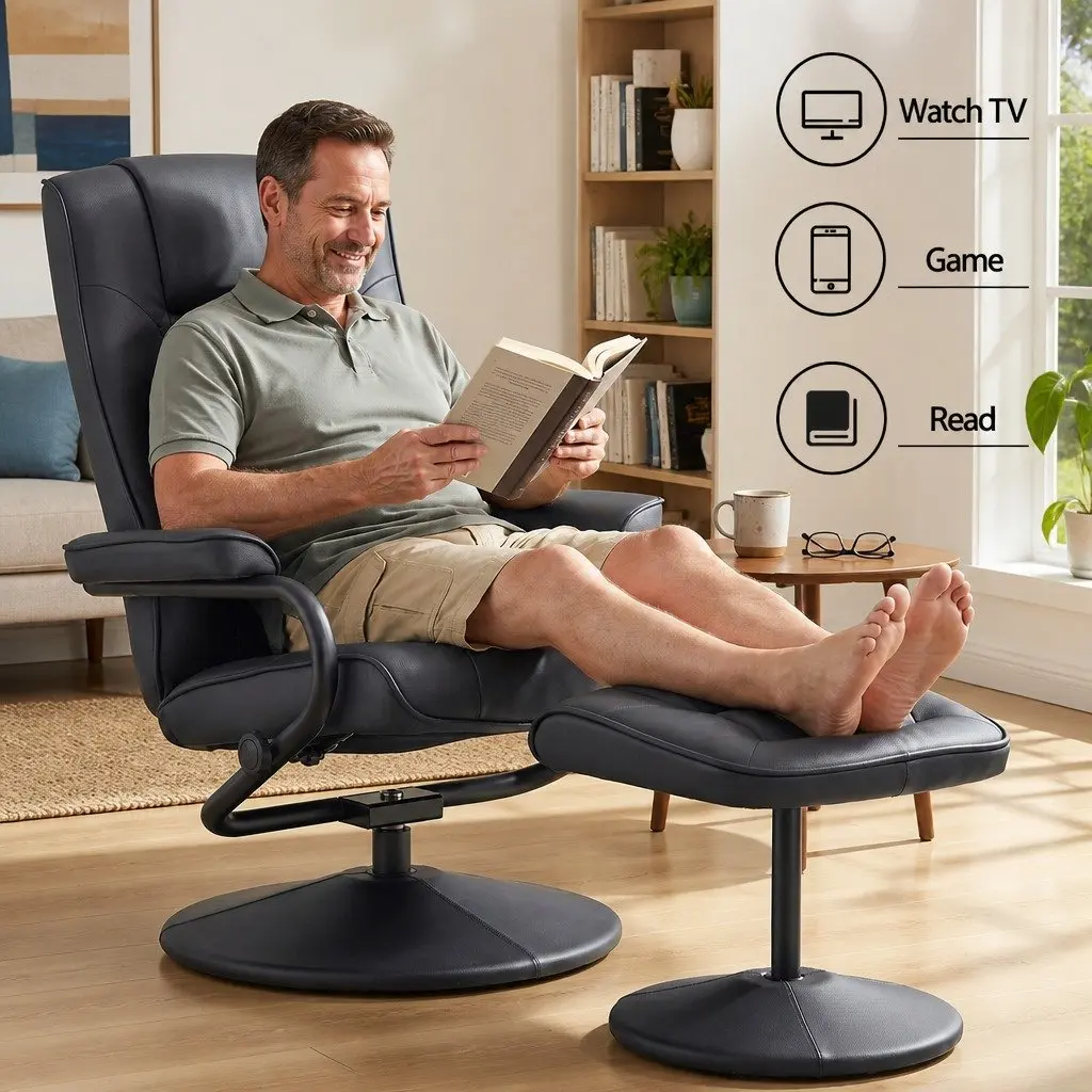Recliner Chair Black PU Leather 360-Degree Swivel Adjustable Recline with Ottoman