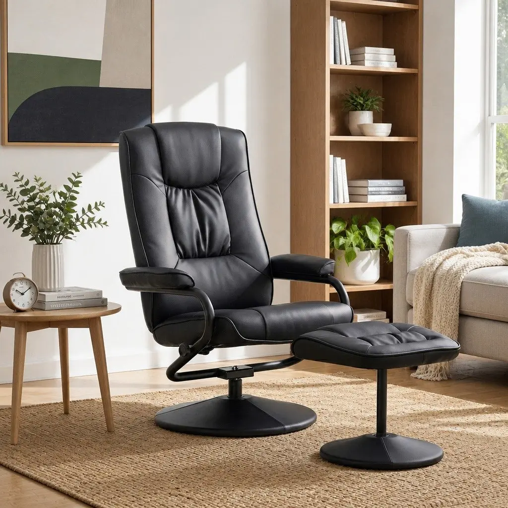 Recliner Chair Black PU Leather 360-Degree Swivel Adjustable Recline with Ottoman