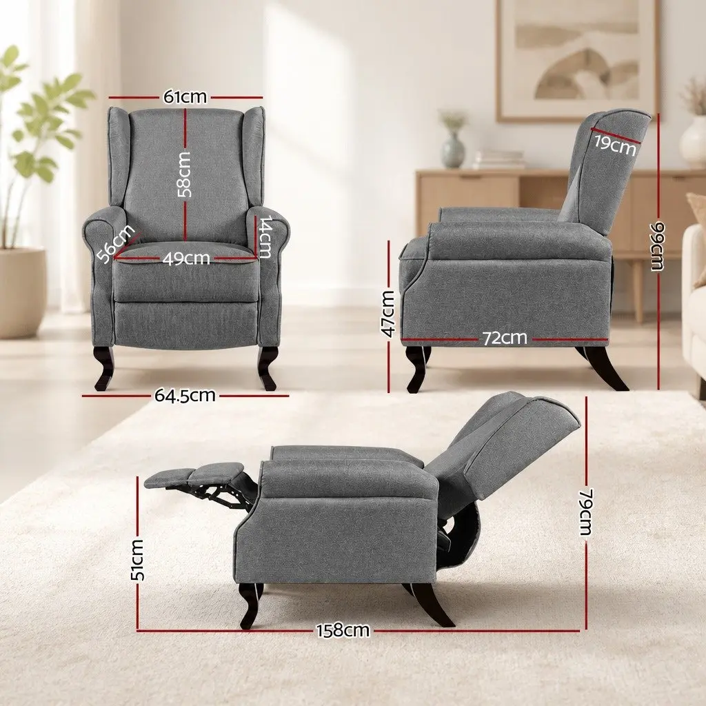 Recliner Armchair Grey Faux Linen Fabric Adjustable Backrest Footrest Lounge