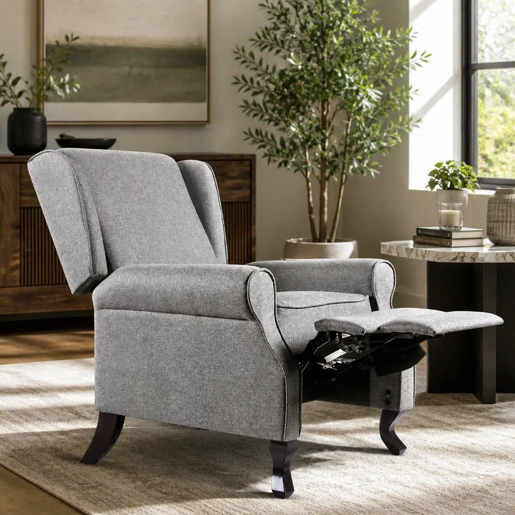 Recliner Armchair Grey Faux Linen Fabric Adjustable Backrest Footrest Lounge