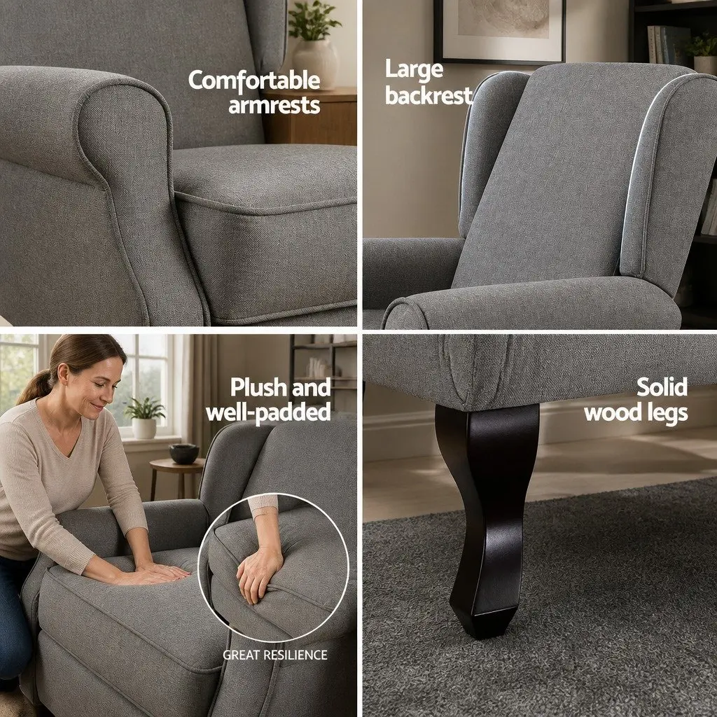 Recliner Armchair Grey Faux Linen Fabric Adjustable Backrest Footrest Lounge