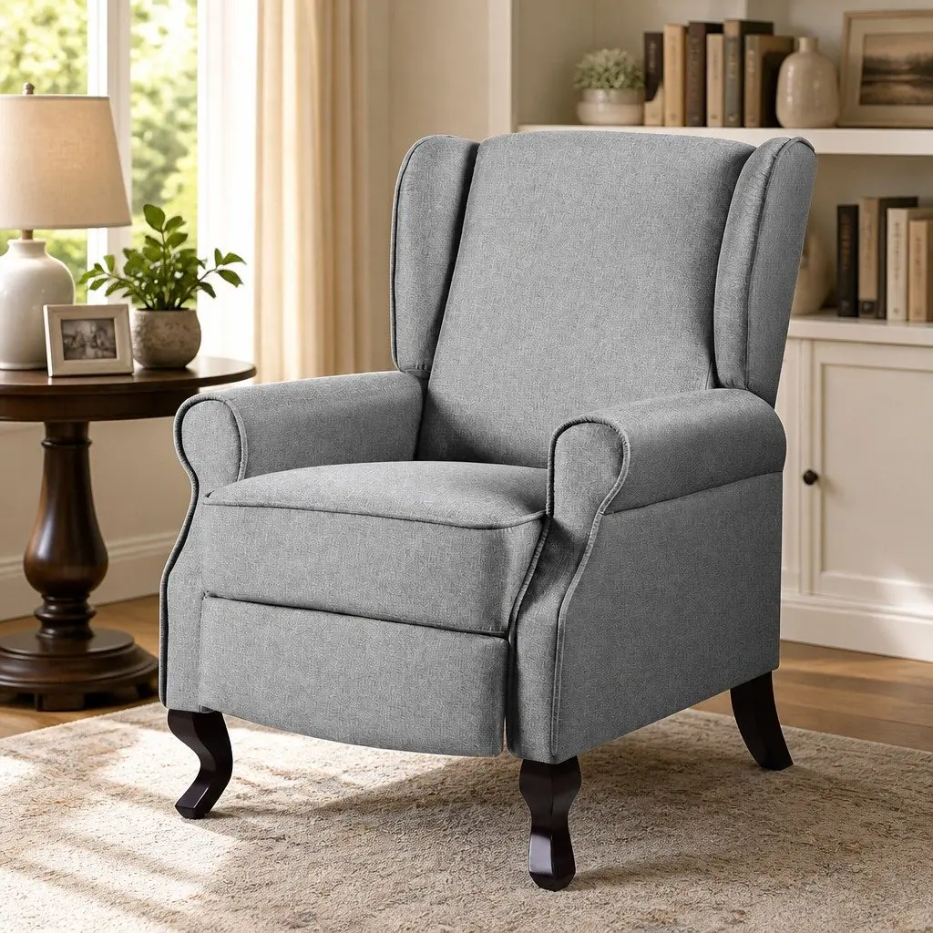 Recliner Armchair Grey Faux Linen Fabric Adjustable Backrest Footrest Lounge