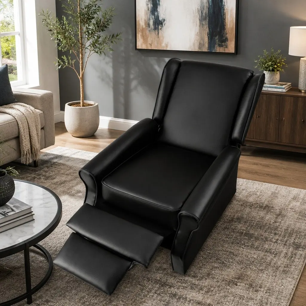 Recliner Armchair Black Faux Leather Adjustable Backrest Footrest Lounge Chair