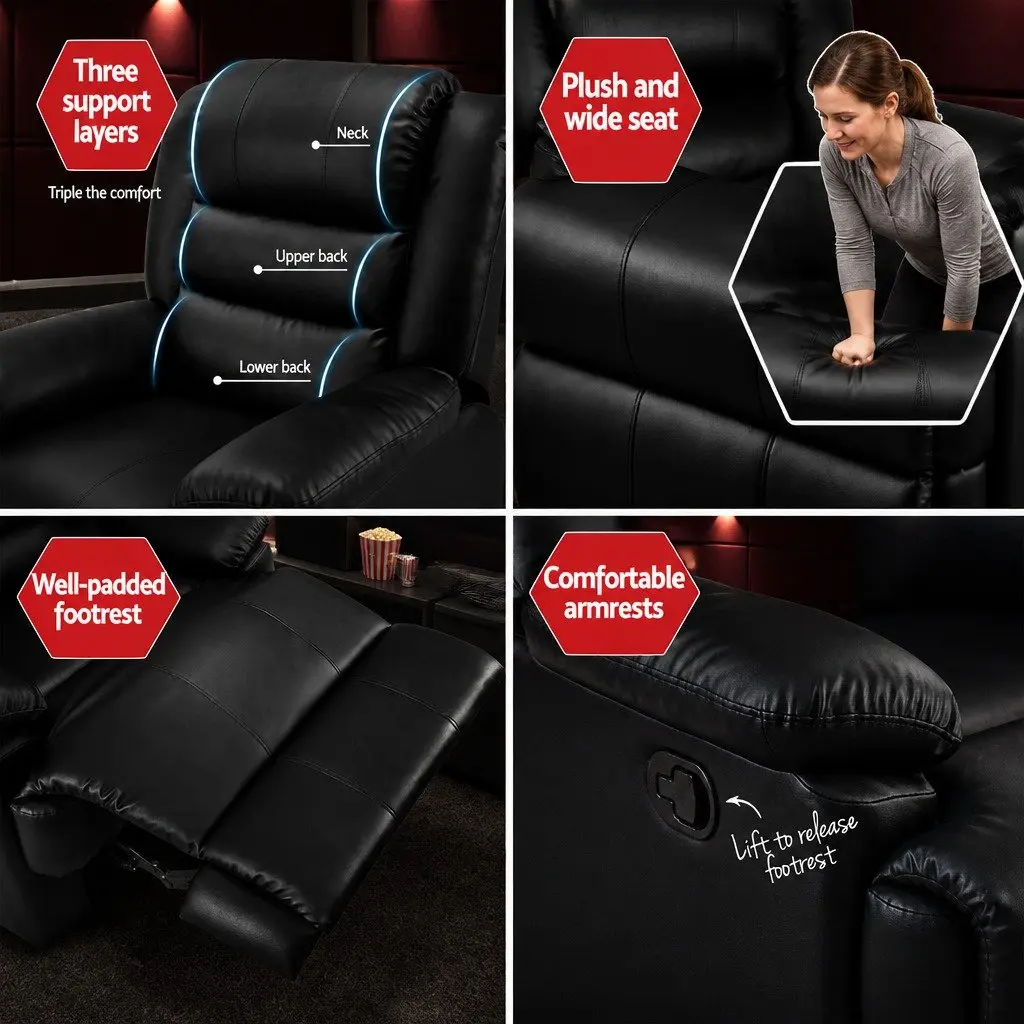 Recliner Chair Black PU Leather Armchair Adjustable Backrest Footrest Lounge