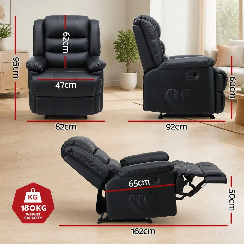 Manual Recliner Chair Black PU Leather 135 Degree Recline Dual 16 Colour LED Lights