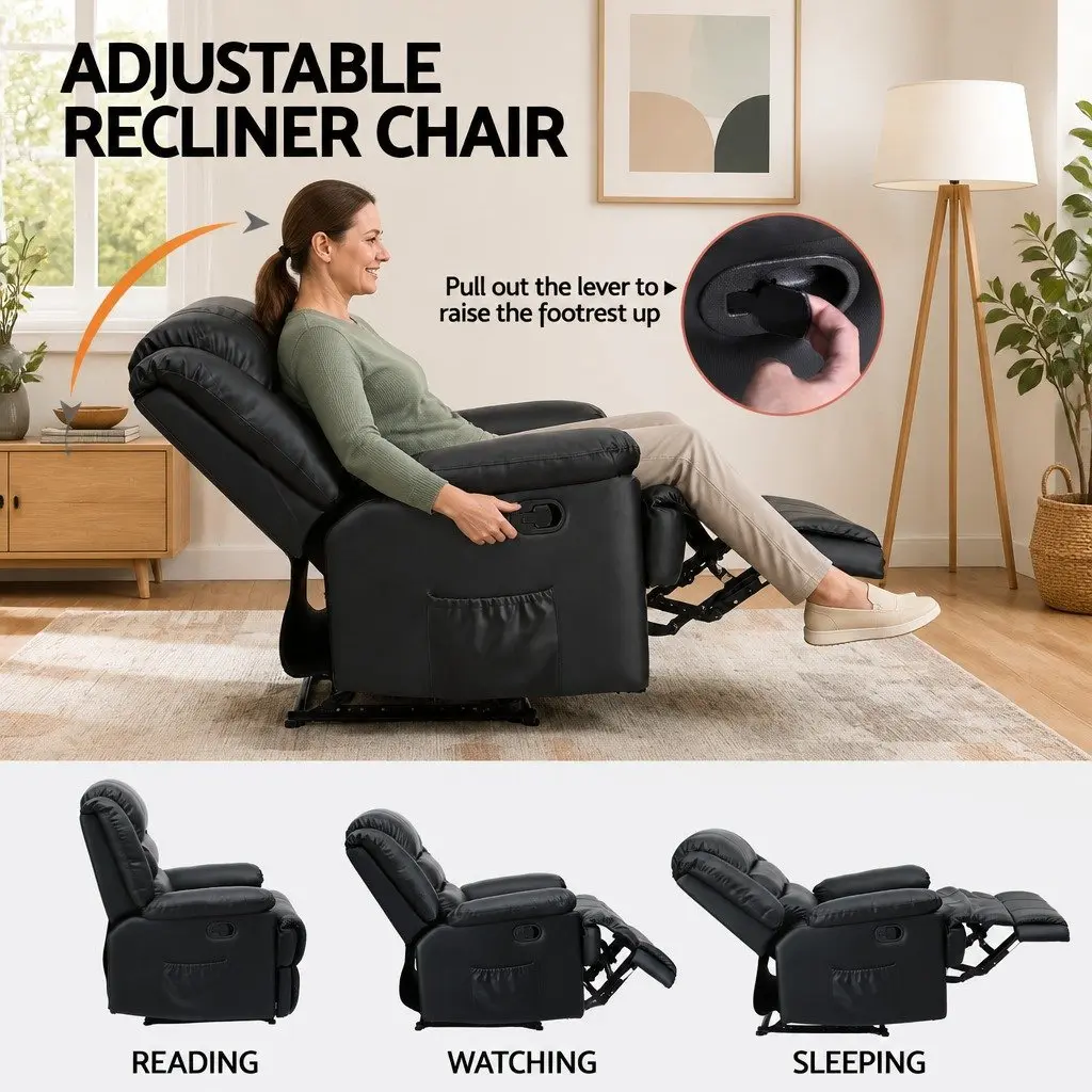 Manual Recliner Chair Black PU Leather 135 Degree Recline Dual 16 Colour LED Lights