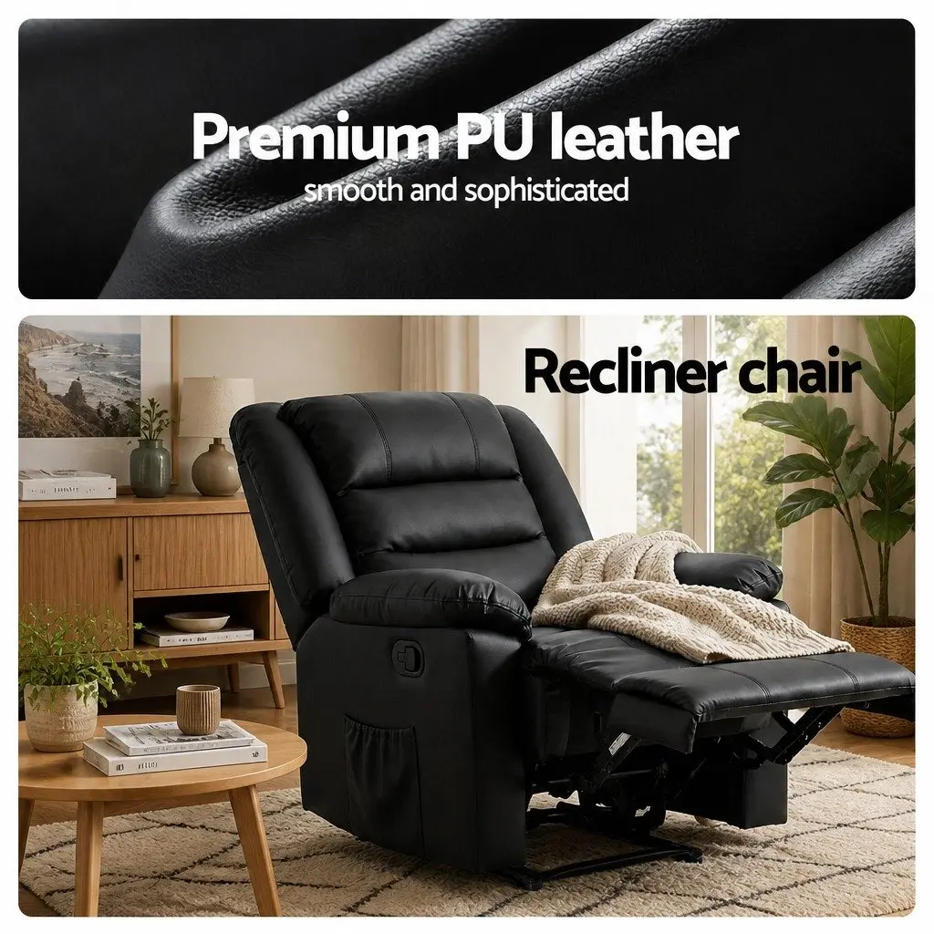 Manual Recliner Chair Black PU Leather 135 Degree Recline Dual 16 Colour LED Lights