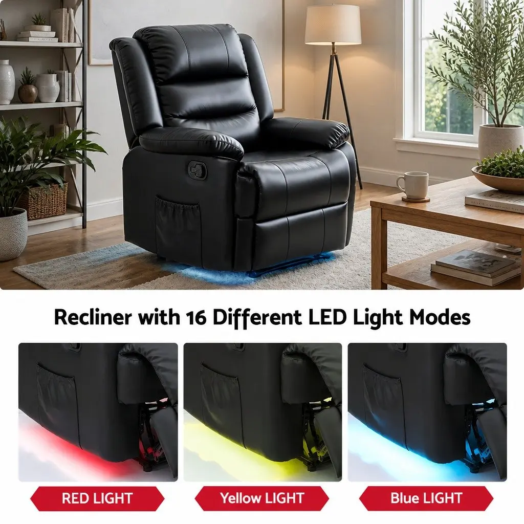 Manual Recliner Chair Black PU Leather 135 Degree Recline Dual 16 Colour LED Lights