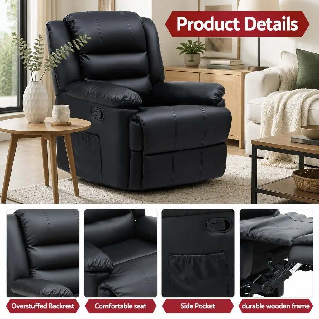 Manual Recliner Chair Black PU Leather 135 Degree Recline Dual 16 Colour LED Lights
