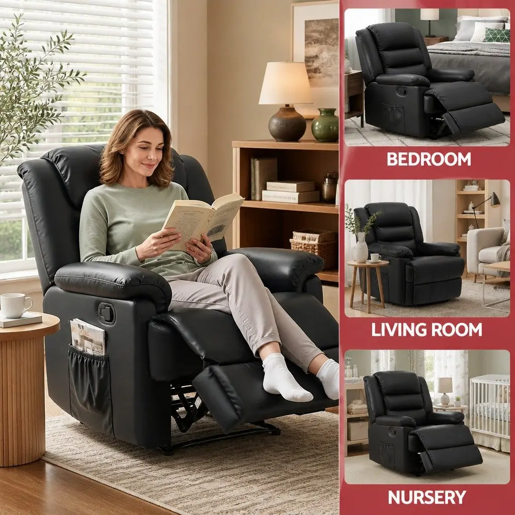 Manual Recliner Chair Black PU Leather 135 Degree Recline Dual 16 Colour LED Lights