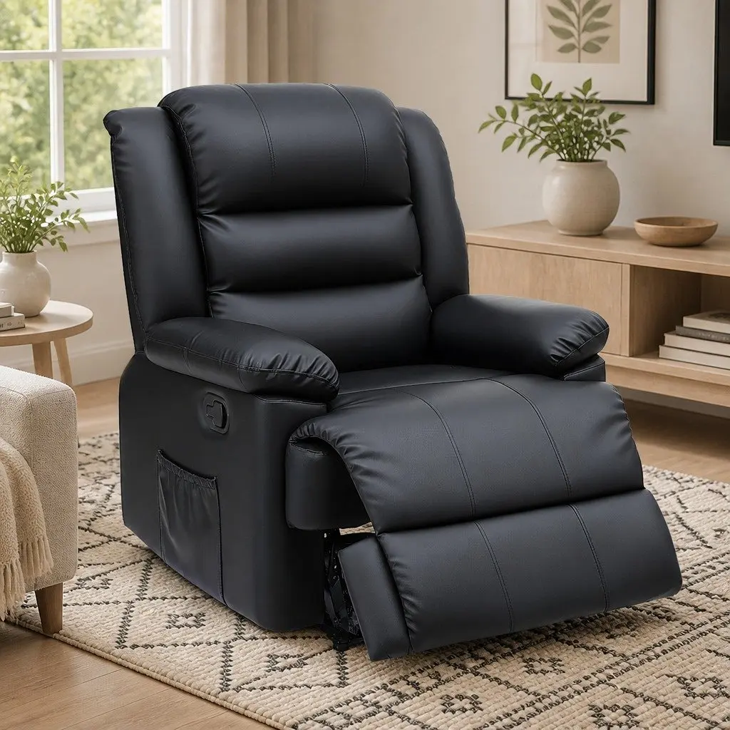 Manual Recliner Chair Black PU Leather 135 Degree Recline Dual 16 Colour LED Lights