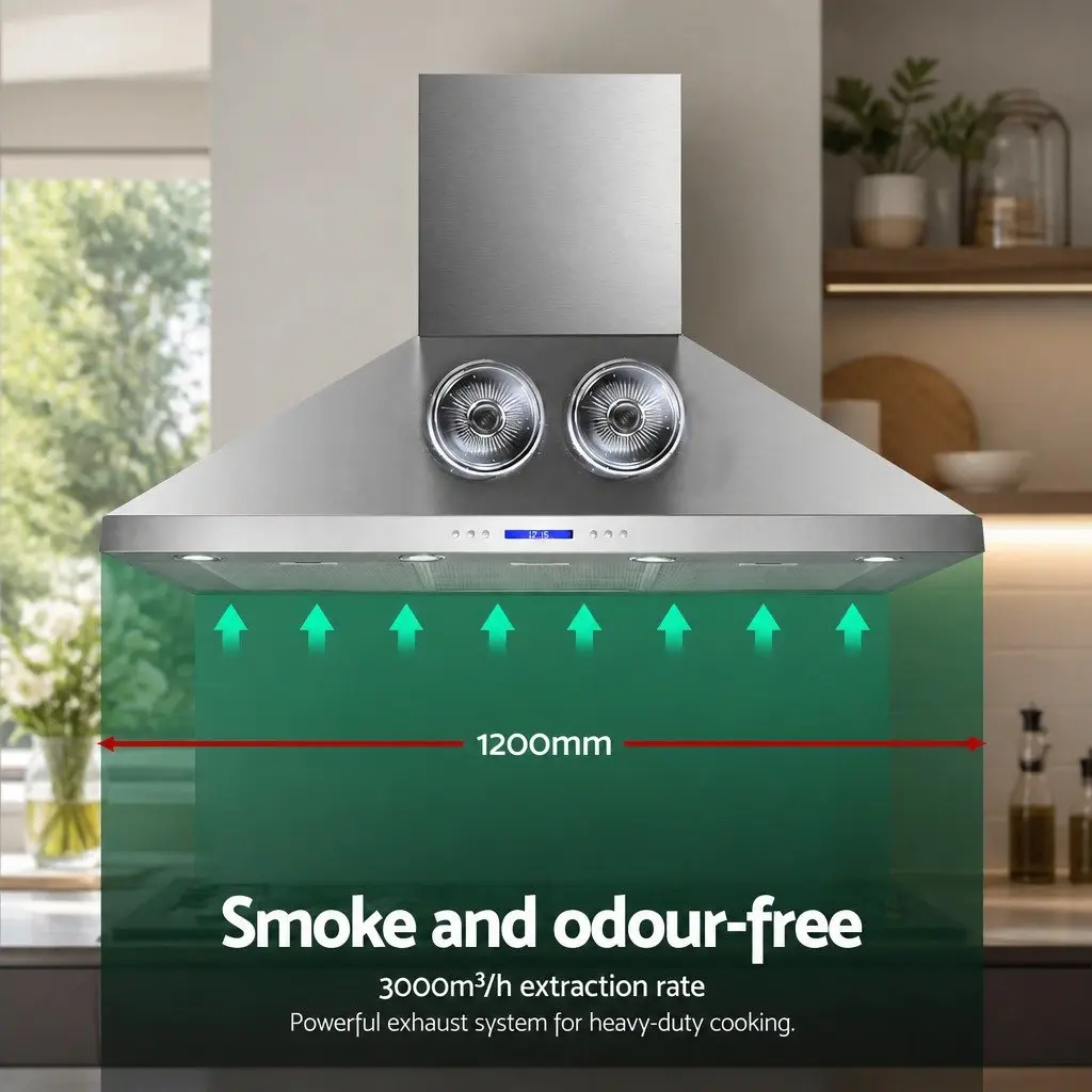 Wall Mount Range Hood Silver 1200mm Stainless Steel Powerful Dual Motors 3000m3/hr Extraction