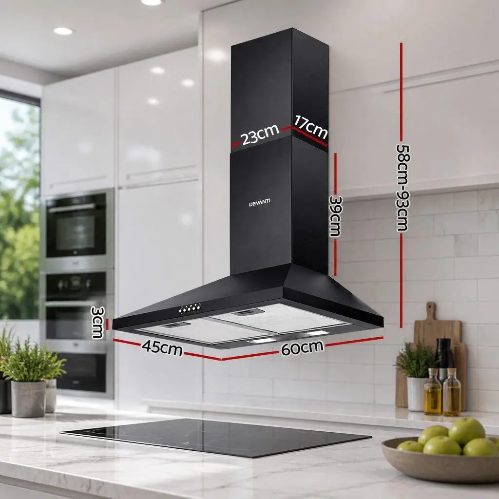 600mm Range Hood Black Wall Mounted Kitchen Extractor Fan 3-Speed High-Performance Motor