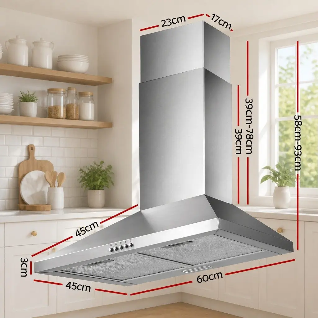 Range Hood Silver 600mm Wall Mounted High-Performance Extraction Fan with Adjustable 3-Speed Settings and Bright LED Lighting