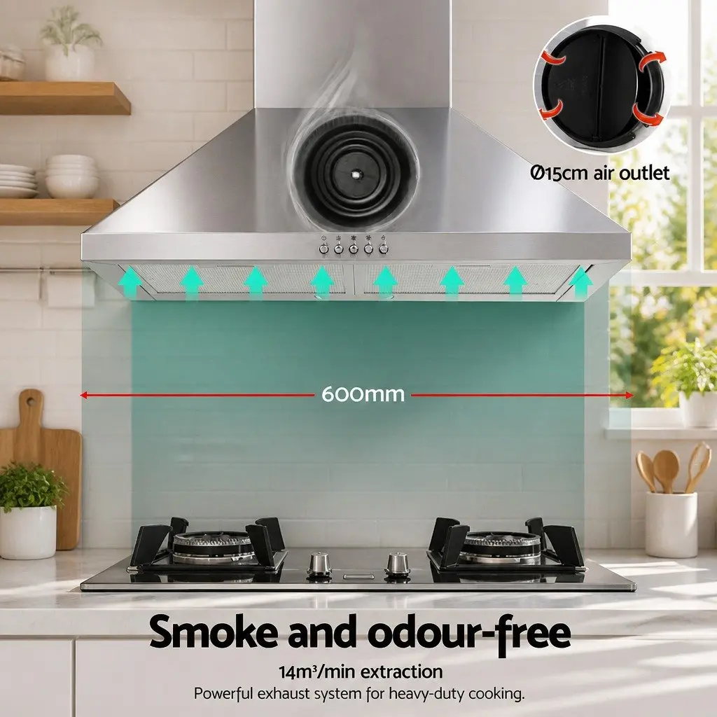 Range Hood Silver 600mm Wall Mounted High-Performance Extraction Fan with Adjustable 3-Speed Settings and Bright LED Lighting
