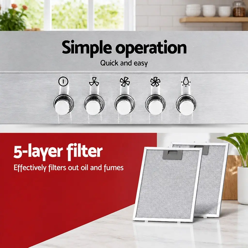 Range Hood Silver 600mm Wall Mounted High-Performance Extraction Fan with Adjustable 3-Speed Settings and Bright LED Lighting