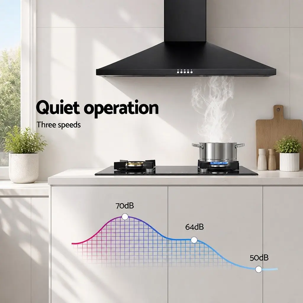 Wall Mounted Range Hood Black 900mm LED Light Adjustable Extraction Speed