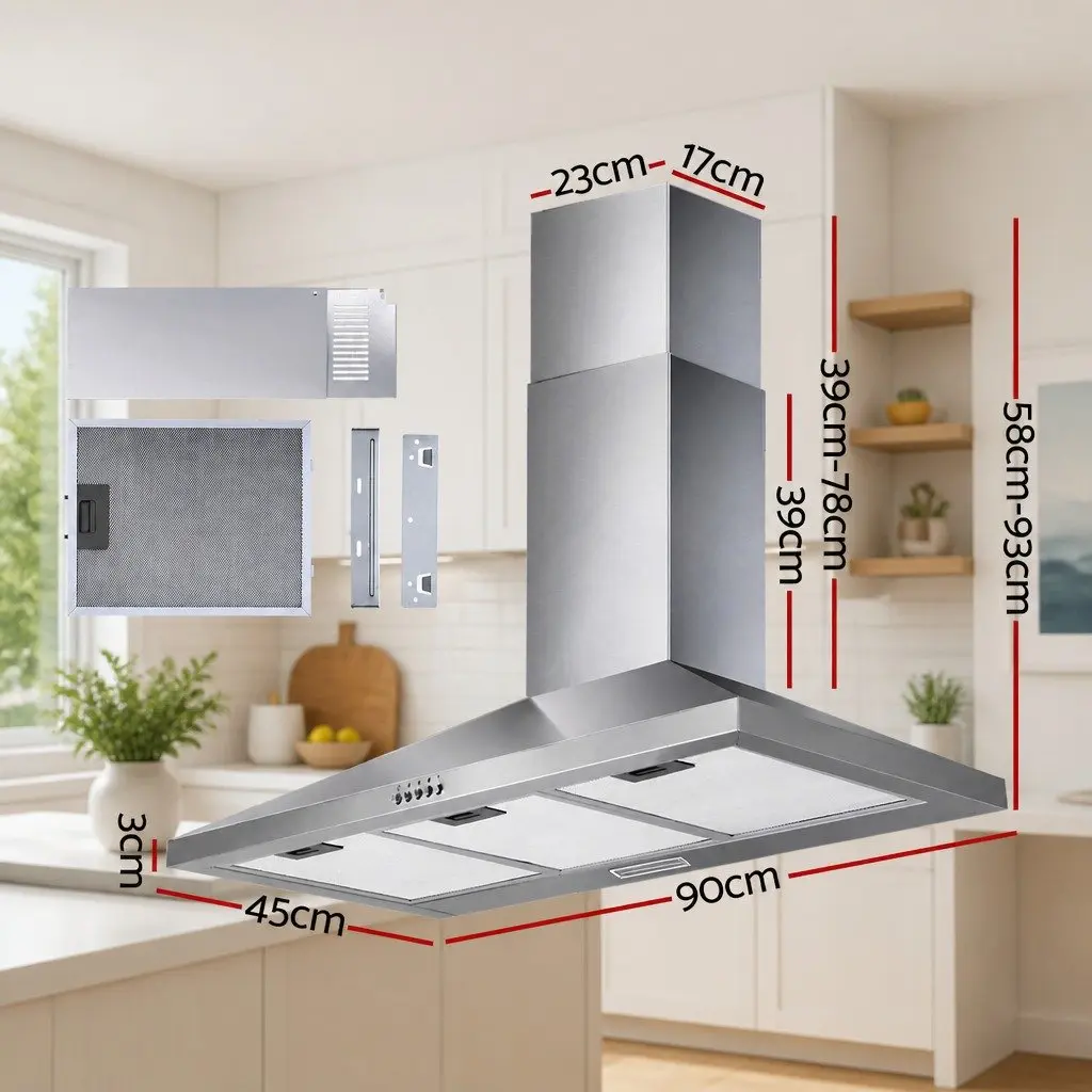 900mm Stainless Steel Range Hood Silver Wall Mounted High-Performance Extractor Fan with 3-Speed Control and LED Lighting