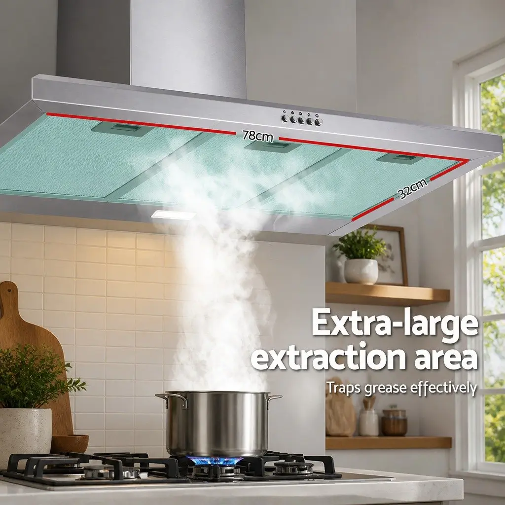 900mm Stainless Steel Range Hood Silver Wall Mounted High-Performance Extractor Fan with 3-Speed Control and LED Lighting
