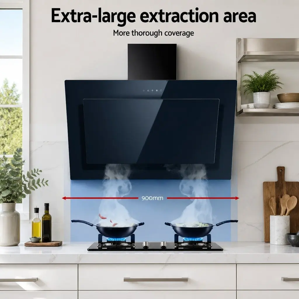 900mm Range Hood Wall Mounted Side Draft Angled Glass Black Kitchen Cooktop