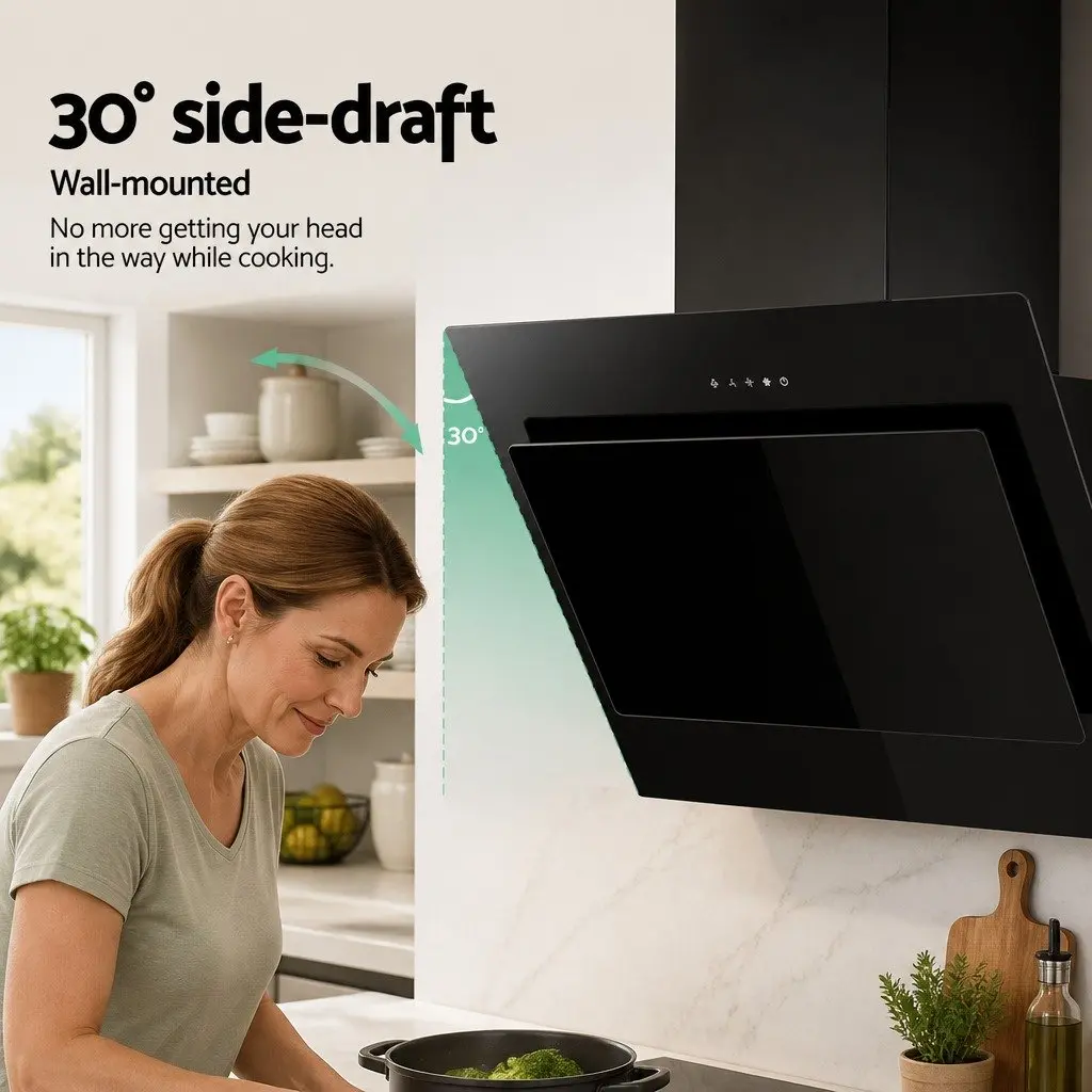 900mm Range Hood Wall Mounted Side Draft Angled Glass Black Kitchen Cooktop