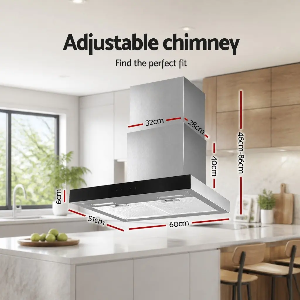 Range Hood Black 60cm Wall Mounted Tempered Glass 3-Speed Kitchen Extractor Fan