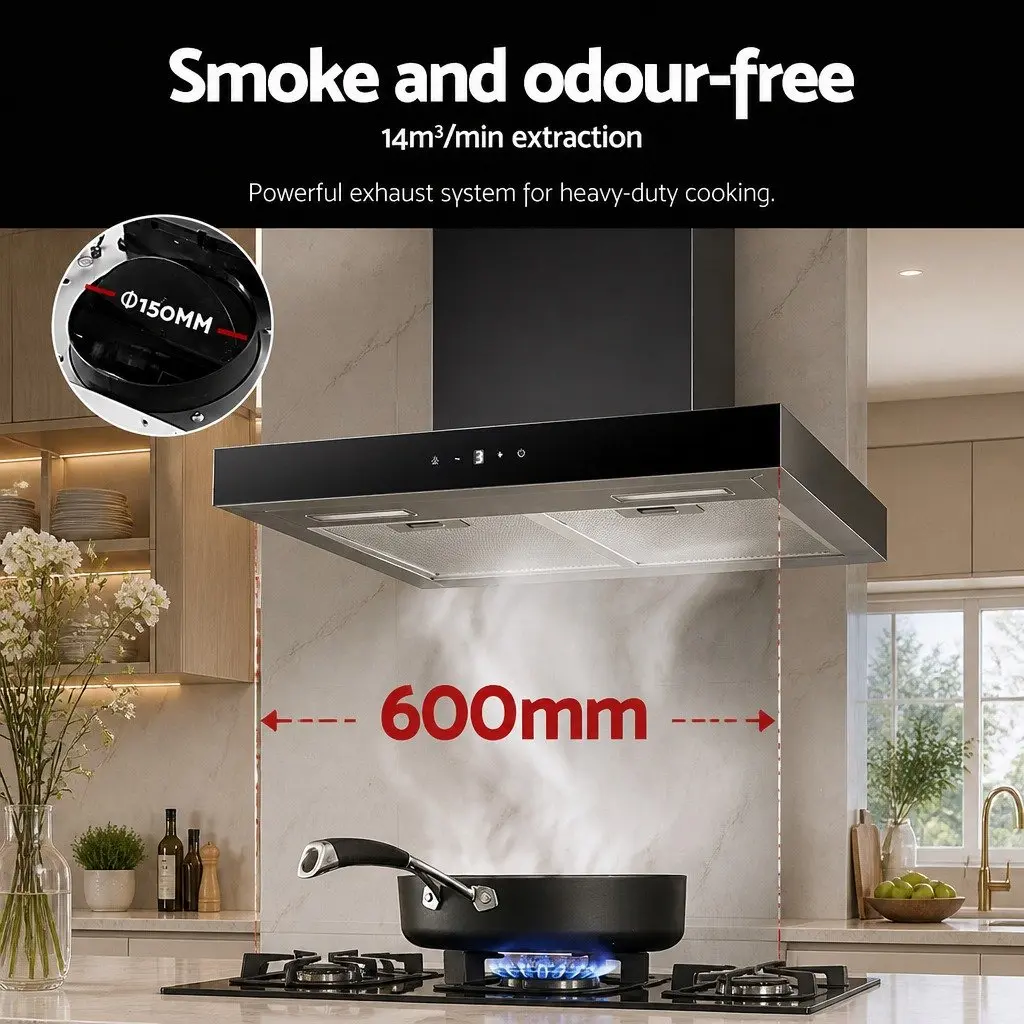 Range Hood Black 60cm Wall Mounted Tempered Glass 3-Speed Kitchen Extractor Fan