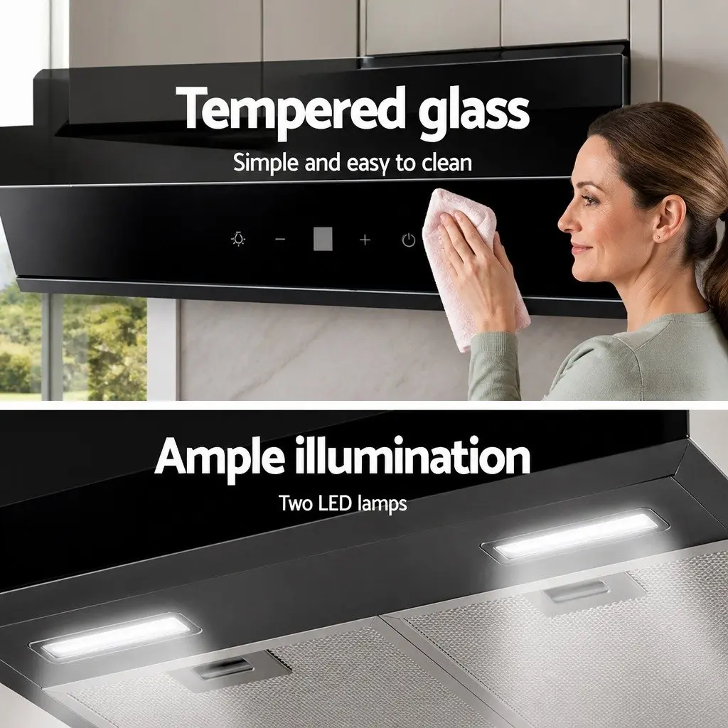 Range Hood Black 60cm Wall Mounted Tempered Glass 3-Speed Kitchen Extractor Fan