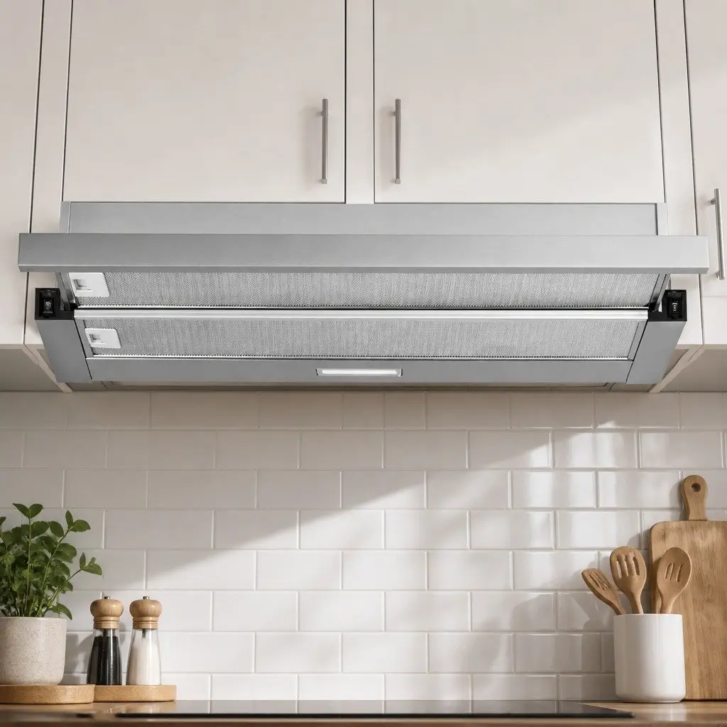 Slide Out Range Hood Silver 90cm High-Performance Motor Two-Speed Fan Control